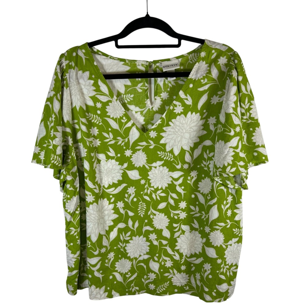 Ava & Viv Womens Plus Size X Lime Green Floral Linen Blend V-Neck Blouse Top